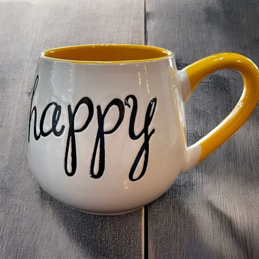 Pier 1 Import Happy Coffee Mug Tea Cup White Yellow Hand painted Stoneware